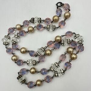 Antique Art Deco sterling silver pink purple clear Czech glass beaded necklace